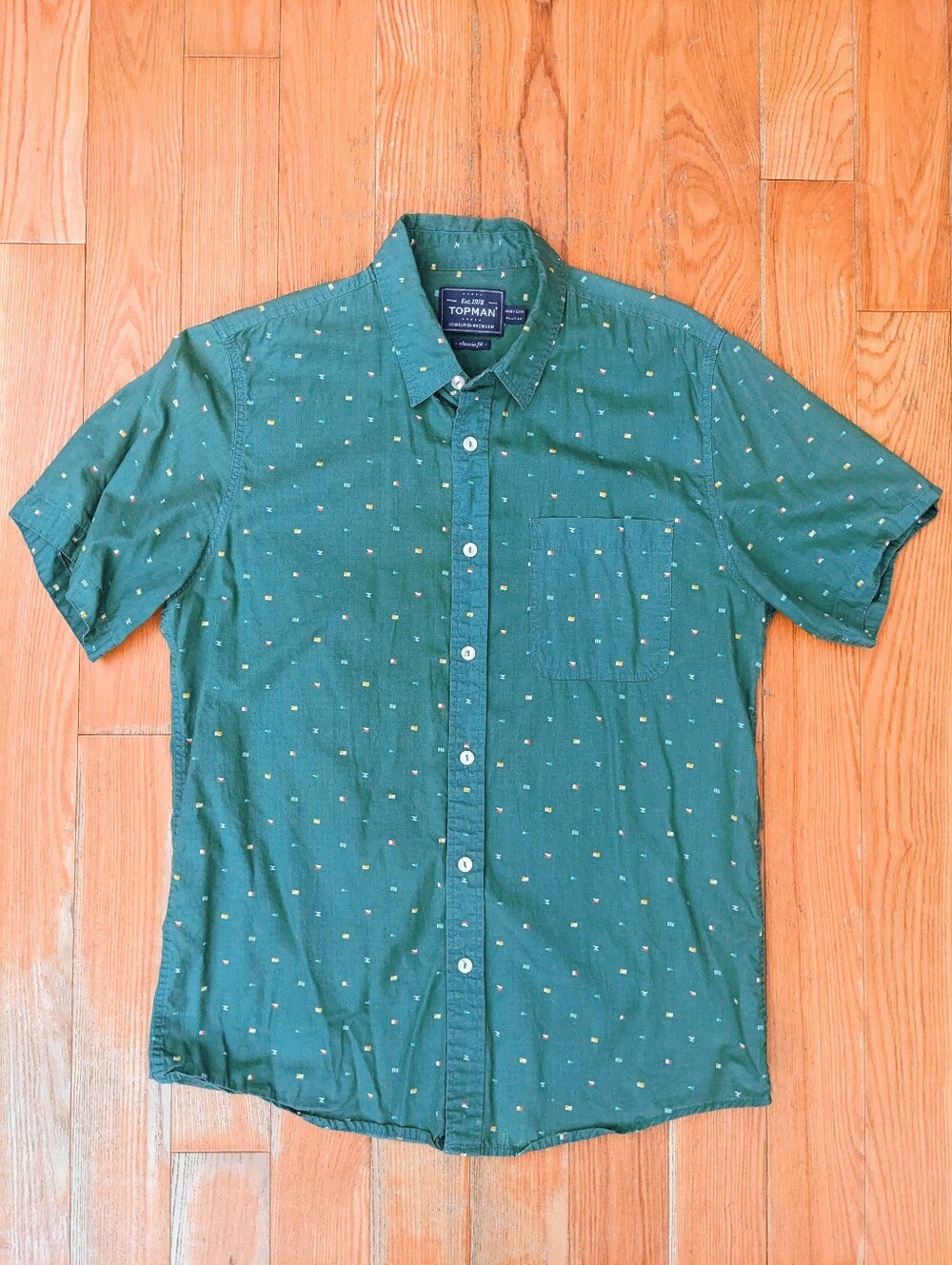 Topman Green Sleeve Button Down Nautical Shirt Flag Pattern Size Medium